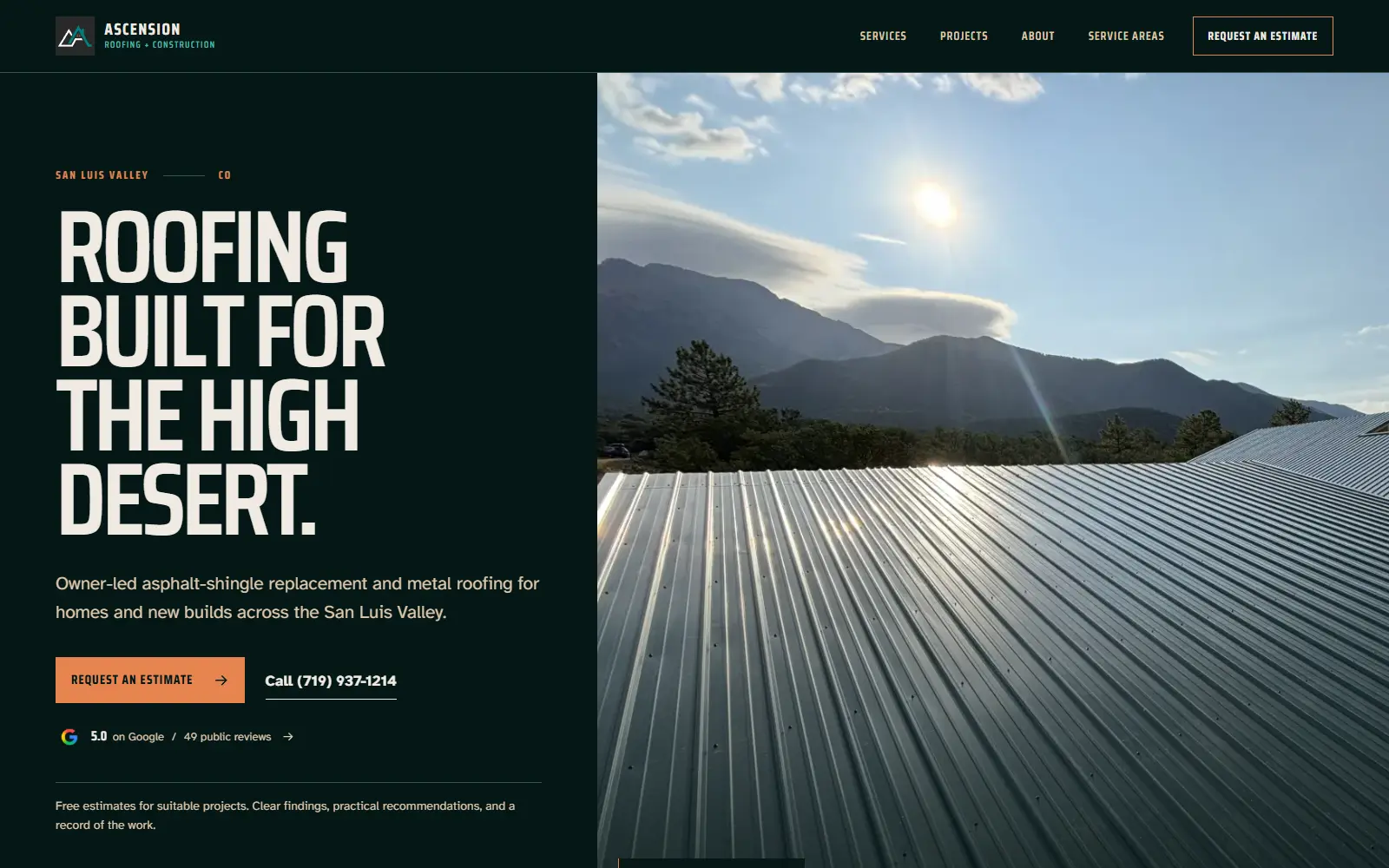 Ascension Roofing production homepage showing its roofing-first introduction and real project photography.