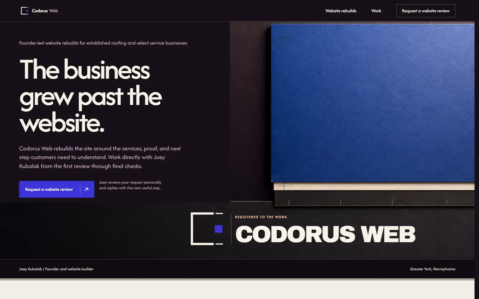 Codorus Web production homepage presenting founder-led website services and client proof.