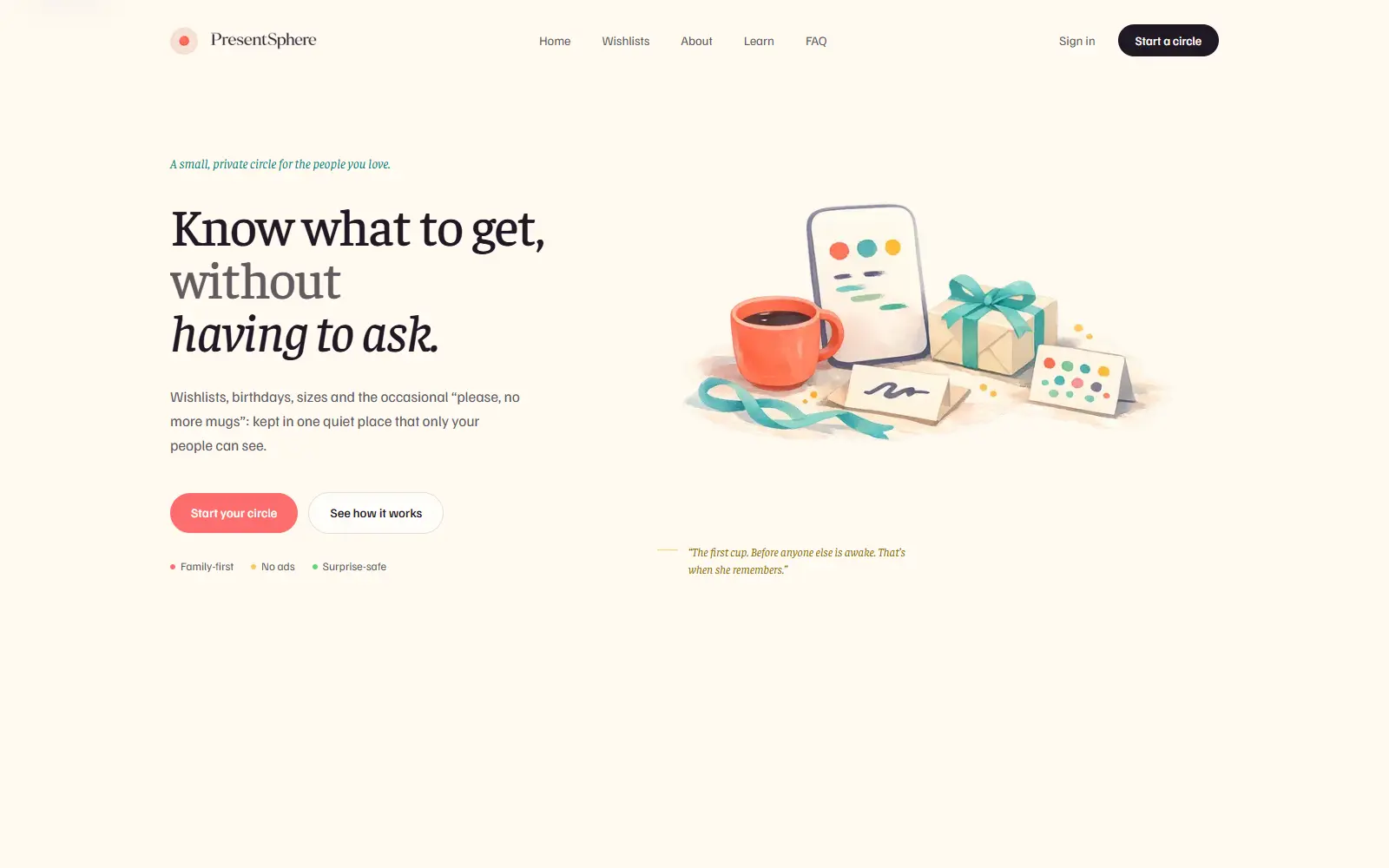 PresentSphere product interface showing the private gift-planning experience.